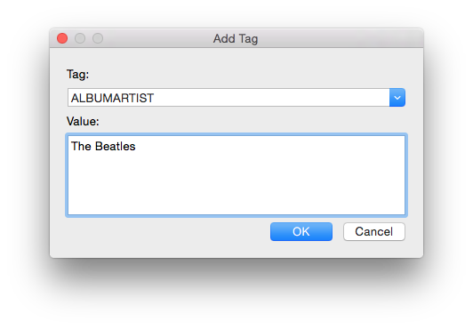 Metadatics Add Tag window with Tag and Value fields