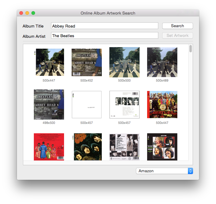 Metadatics Album Artwork Search window showing image search results