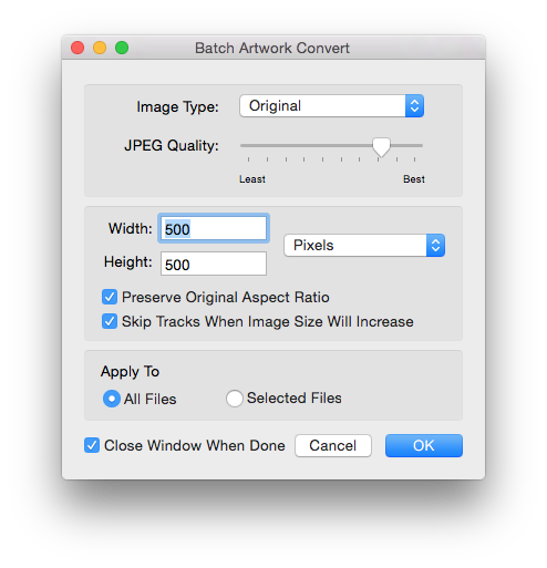 Metadatics Batch Resize Artworks window with image type, quality, and aspect ratio options