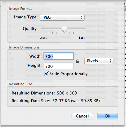 Metadatics Convert/Resize Artwork window with image type, quality, and dimension options