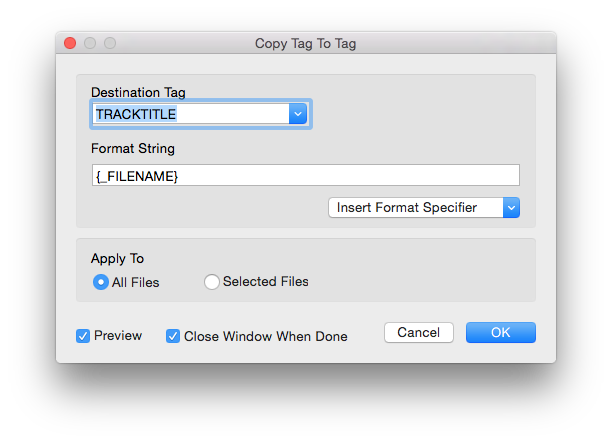 Metadatics Copy Tag To Tag window showing destination tag and format string