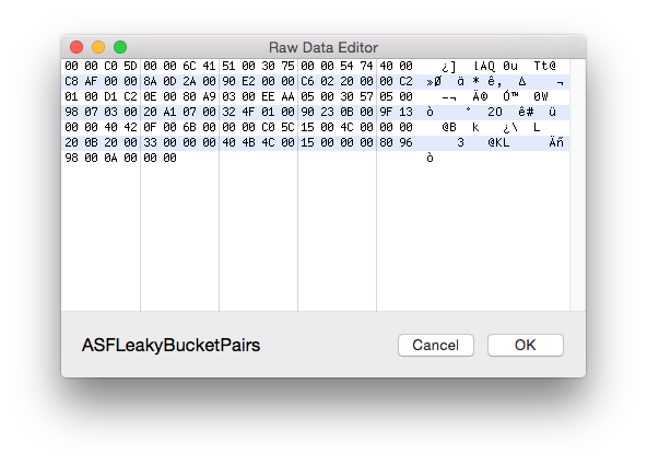 Metadatics Data Editor window showing a hex-editor view of raw tag data