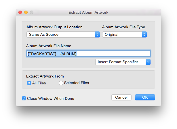 Metadatics Batch Extract Artworks window showing output location and file name options