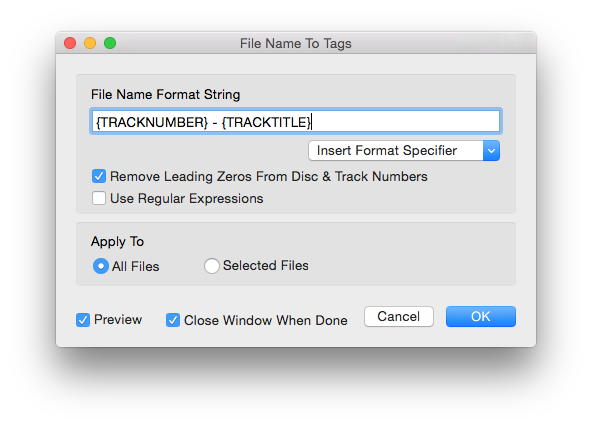 Metadatics File Name To Tags window showing a format string and preview