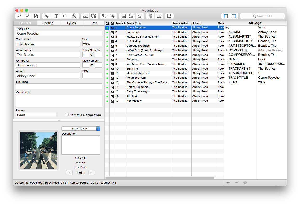 Metadatics main window showing toolbar, Field Editor, Album Artwork Editor, File List, and All Tags panel