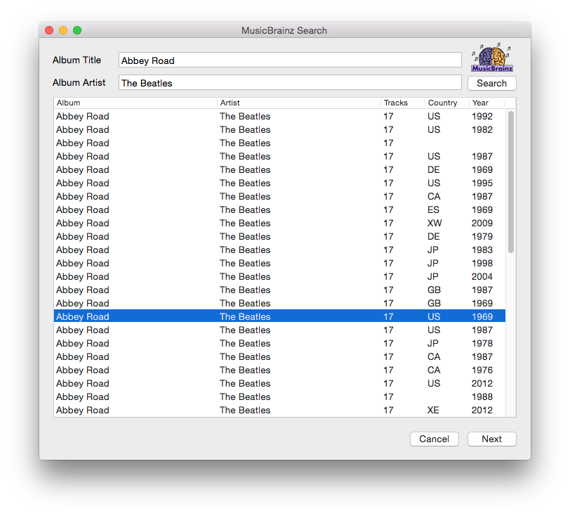 Metadatics MusicBrainz search window showing a list of matching album releases