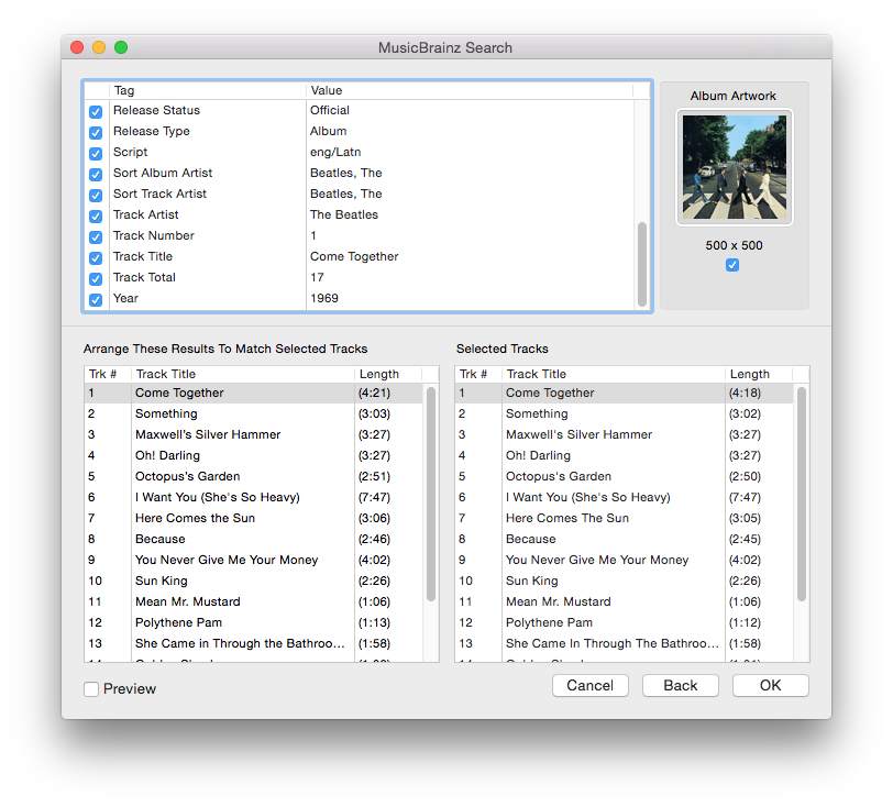 Metadatics MusicBrainz results window comparing lookup results against the selected tracks