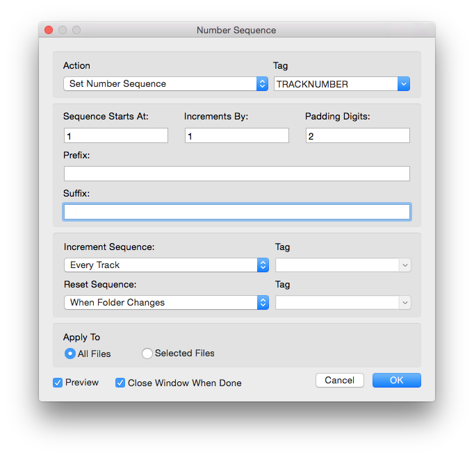 Metadatics Number Sequence window showing padding, increment, and reset options