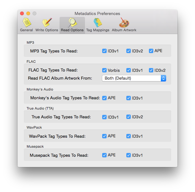 Metadatics Read Options preferences tab