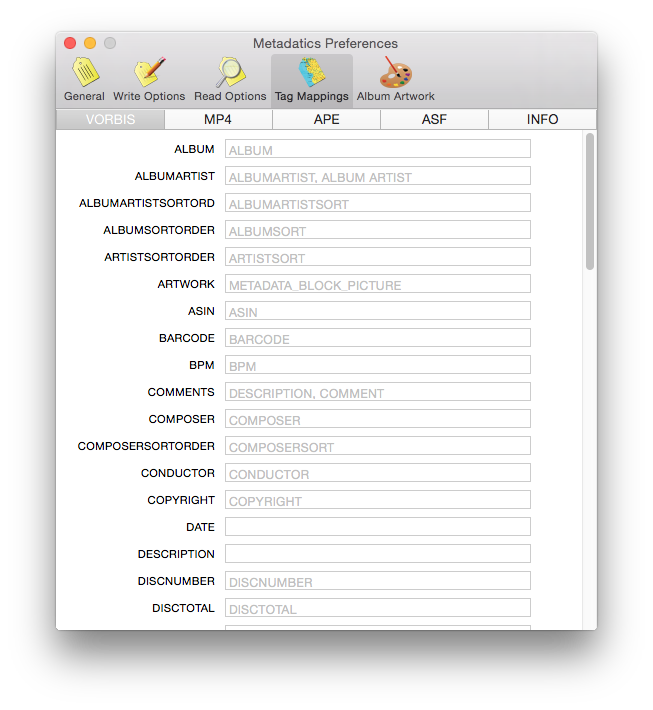Metadatics Tag Mappings preferences tab