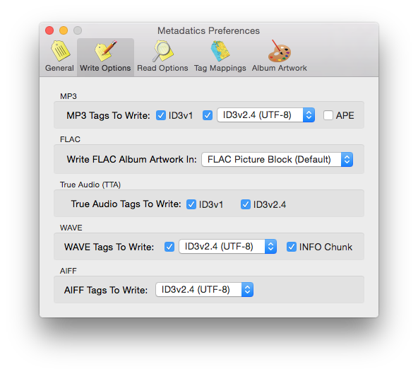 Metadatics Write Options preferences tab