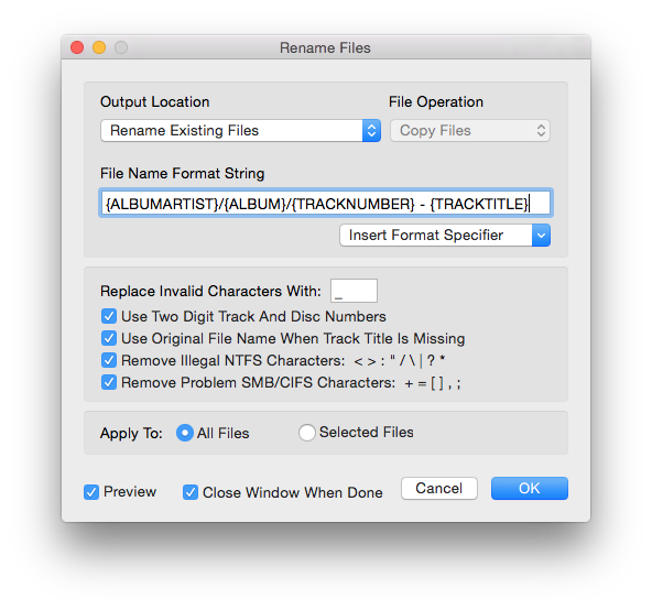 Metadatics Rename Files window showing format string and options