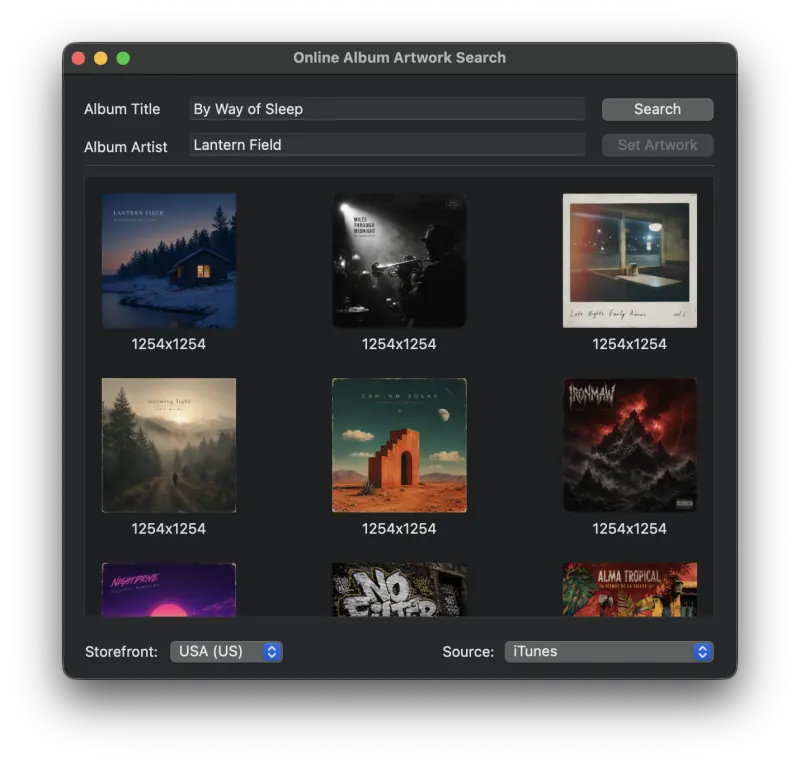 Metadatics Album Artwork Search window showing image search results