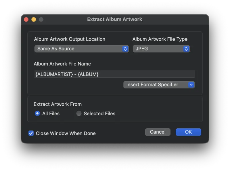 Metadatics Batch Extract Artworks window showing output location and file name options