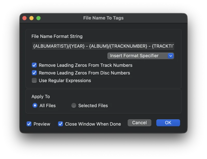 Metadatics File Name To Tags window showing a format string and preview