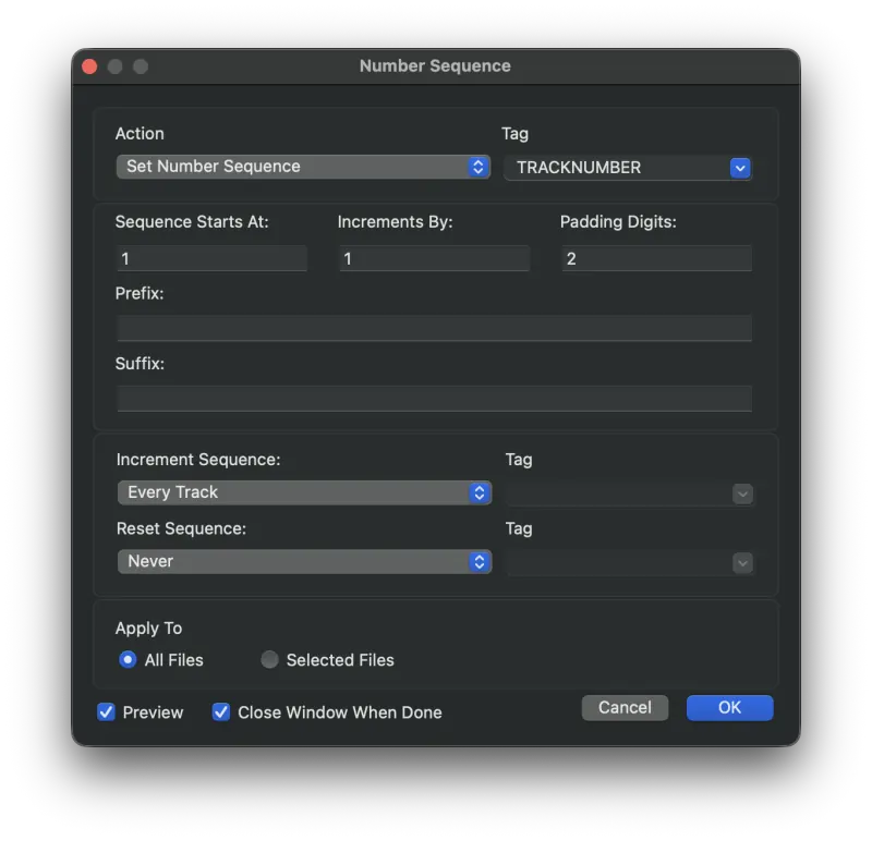 Metadatics Number Sequence window showing padding, increment, and reset options