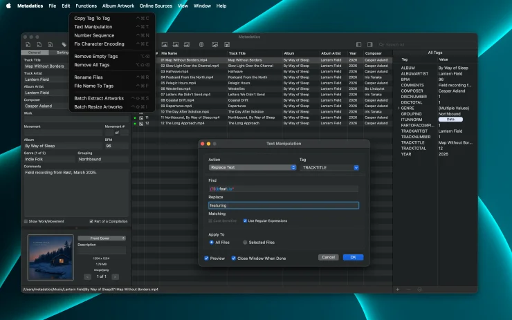 Metadatics Text Manipulation window applying a bulk text action to metadata across many audio files (Dark Mode)