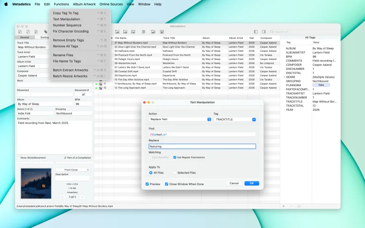 Metadatics Text Manipulation window applying a bulk text action to metadata across many audio files (Light Mode)