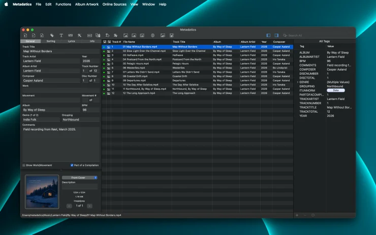 Metadatics main window on macOS showing the Field Editor, Album Artwork Editor, File List, and All Tags panel for a loaded batch of audio files (Dark Mode)