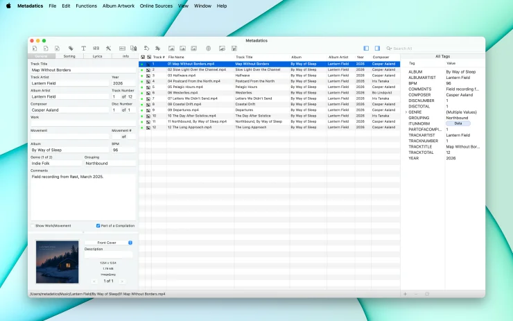 Metadatics main window on macOS showing the Field Editor, Album Artwork Editor, File List, and All Tags panel for a loaded batch of audio files (Light Mode)