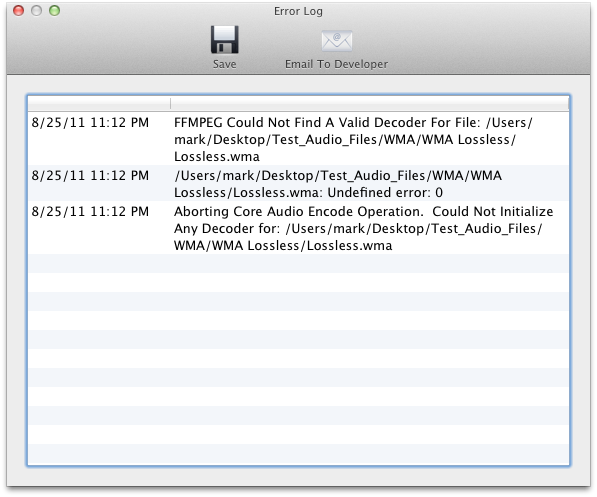 MP3 Encoder Error Log window listing failed encodes and details