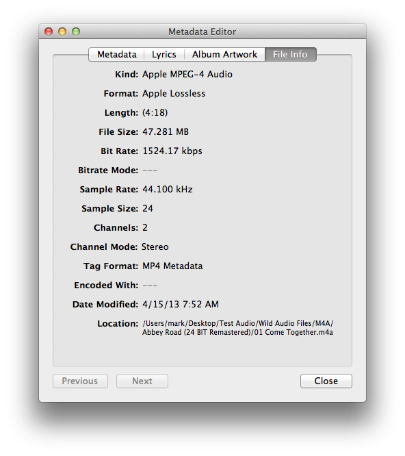 MP3 Encoder File Info tab showing file type, size, length, and bitrate