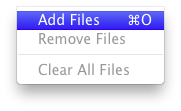 MP3 Encoder File menu showing the Add Files item