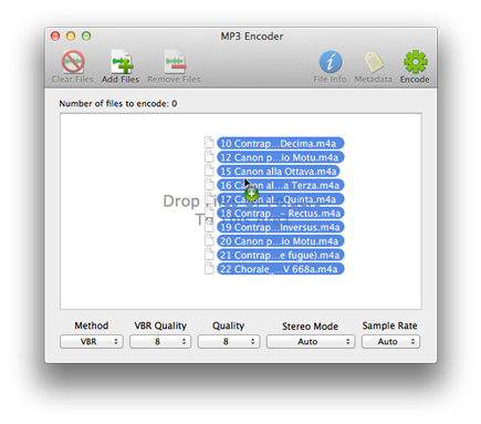 Dragging audio files onto the MP3 Encoder window to add them to the queue