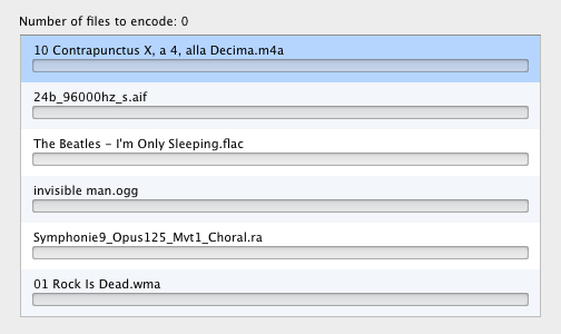 MP3 Encoder file list showing queued files with progress bars