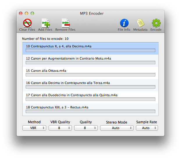 MP3 Encoder main window showing toolbar, file list, and output settings