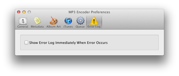 MP3 Encoder Preferences Error Log tab