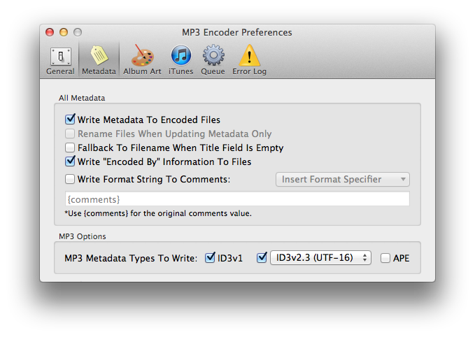 MP3 Encoder Preferences Metadata tab