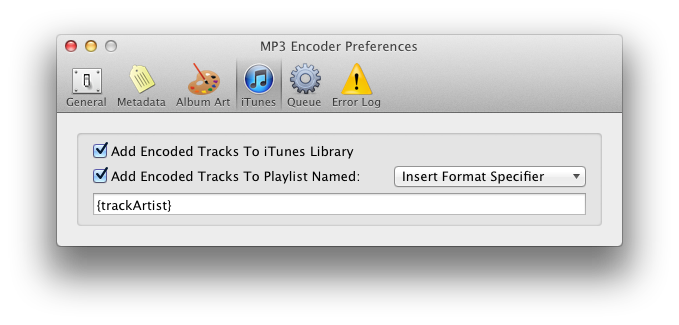 MP3 Encoder Preferences iTunes tab