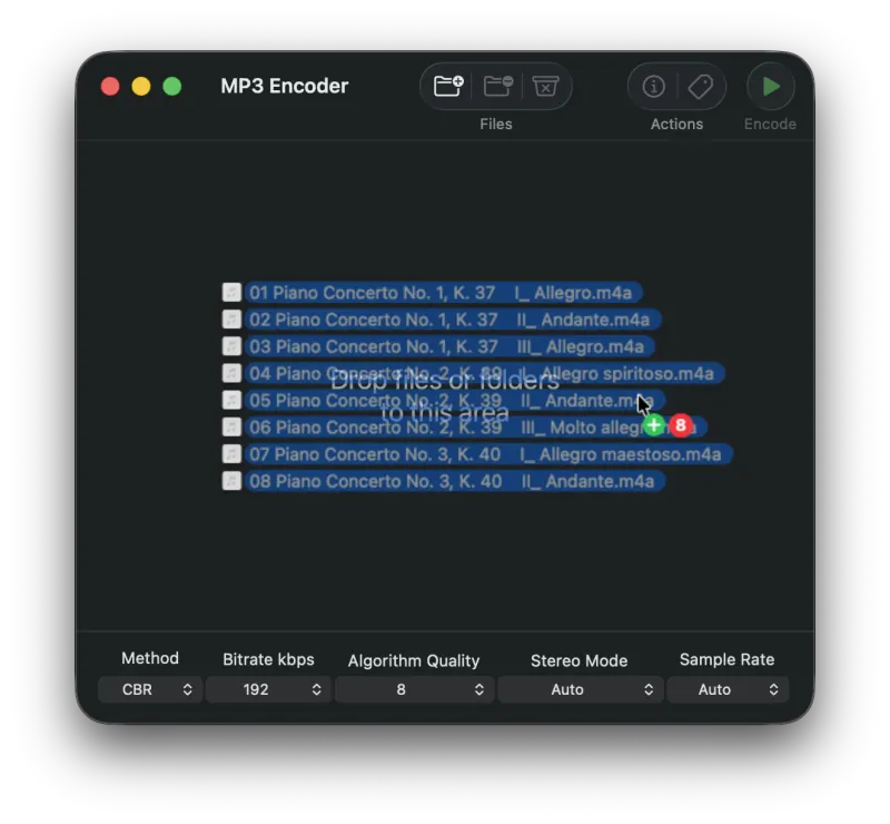 Dragging audio files onto the MP3 Encoder window to add them to the queue