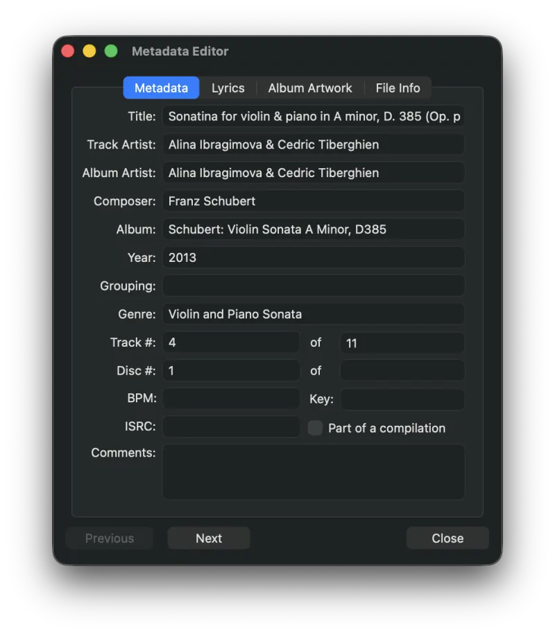 Editing metadata in MP3 Encoder's Metadata Editor