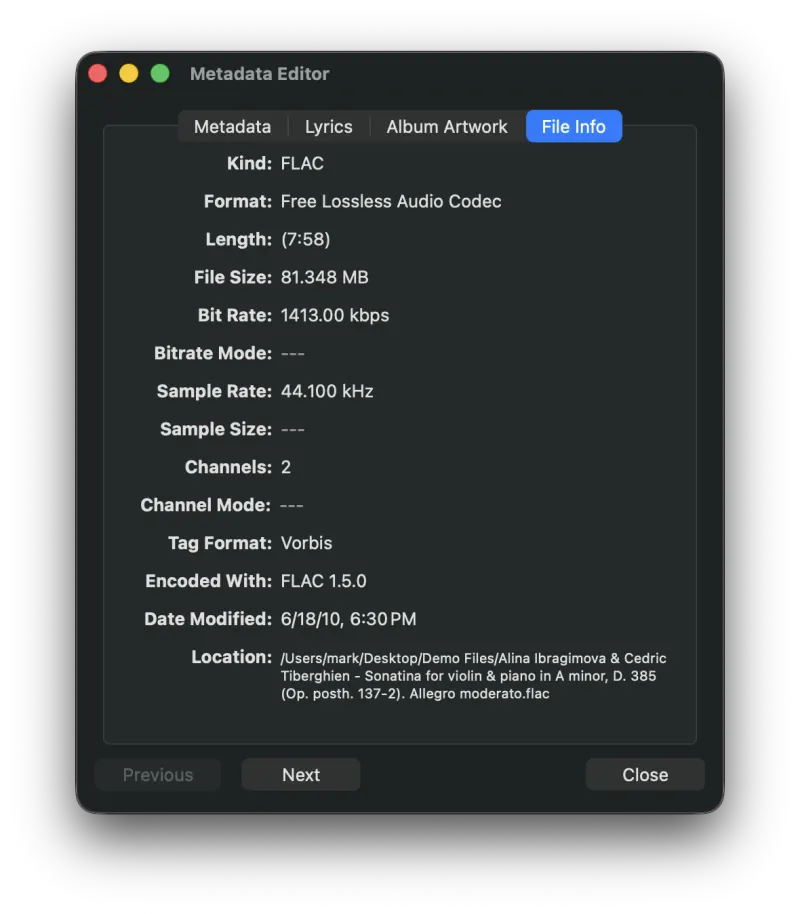 MP3 Encoder File Info tab showing file type, size, length, and bitrate