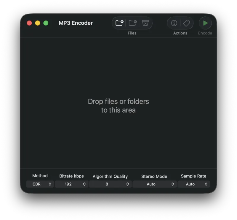 MP3 Encoder main window in its default state with an empty queue, ready for files