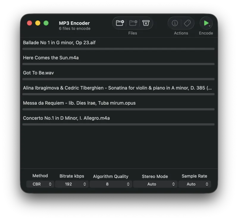 MP3 Encoder main window showing toolbar, file list, and output settings