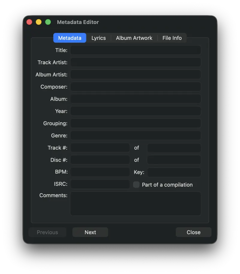 MP3 Encoder Metadata Editor window showing tag fields and album artwork