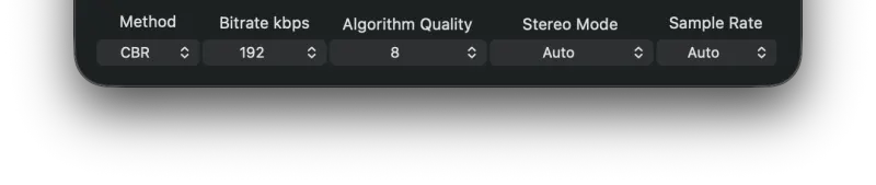 MP3 Encoder output settings pulldowns for Method, Bitrate, Algorithm Quality, Stereo Mode, and Sample Rate