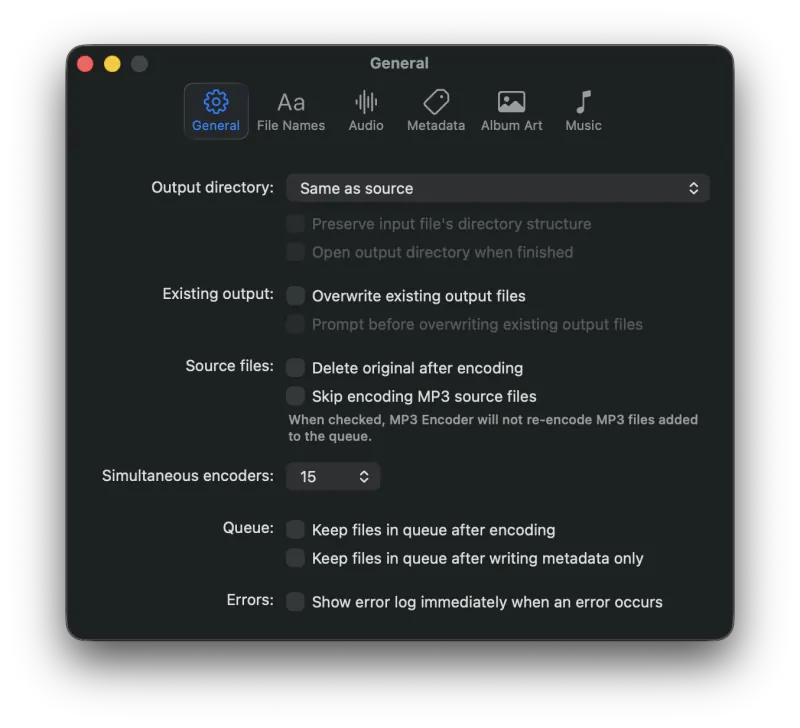 MP3 Encoder Settings General tab