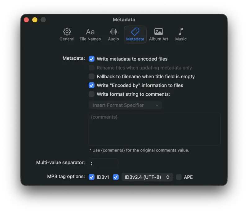 MP3 Encoder Settings Metadata tab