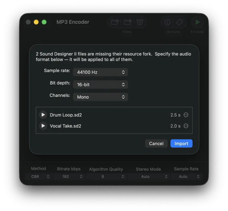 MP3 Encoder Raw Audio Import sheet, showing sample rate, bit depth, and channels popups, and a list of two raw-audio files needing import