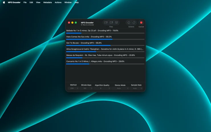 MP3 Encoder encoding multiple audio files to MP3 at once with per-row progress bars (Dark Mode)