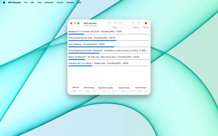 MP3 Encoder encoding multiple audio files to MP3 at once with per-row progress bars (Light Mode)