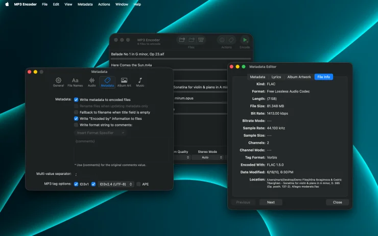 MP3 Encoder metadata preferences alongside the File Info tab of the Metadata Editor showing source file details (Dark Mode)