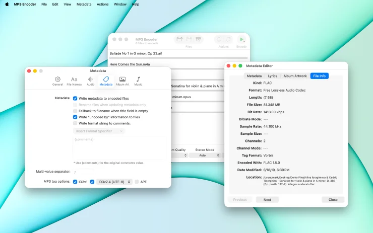 MP3 Encoder metadata preferences alongside the File Info tab of the Metadata Editor showing source file details (Light Mode)