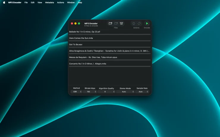 MP3 Encoder on macOS with a queue of audio files staged for batch conversion to MP3 (Dark Mode)