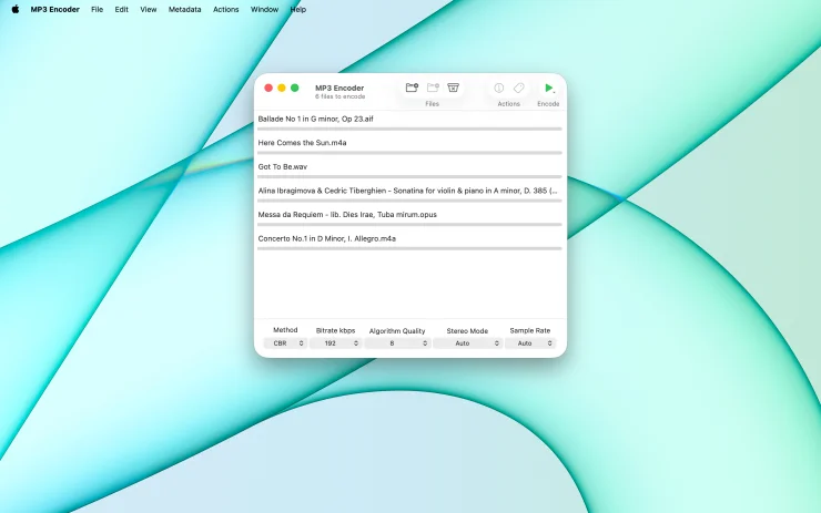 MP3 Encoder on macOS with a queue of audio files staged for batch conversion to MP3 (Light Mode)