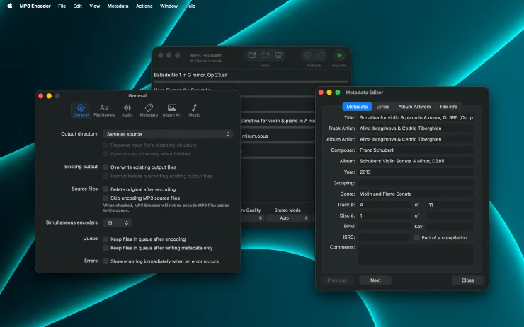 MP3 Encoder General preferences and the Metadata Editor showing track details for an audio file (Dark Mode)